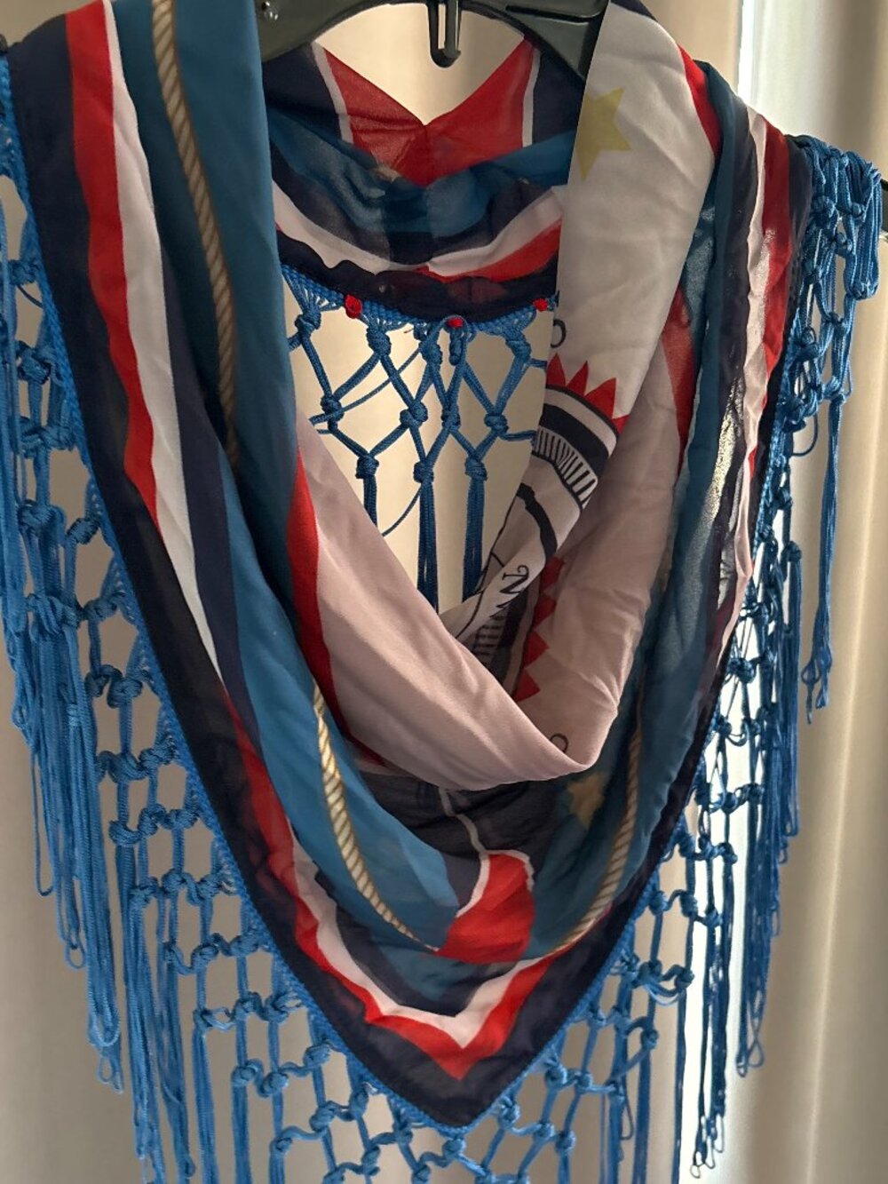 Nautical Americana Red White Blue Print Bandana Infinity Scarf Crochet Fringe